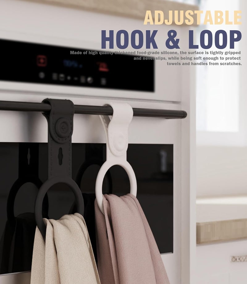 Neepanda Kitchen Towel Holder, Silicone Hand Towel Holder for Kitchen & Bathroom, Adjustable Towel Hanger Compatible for Oven Door, Cabinet Handles, Bathroom Rods (Black, White & Grey, 3 Pack) - Image 4